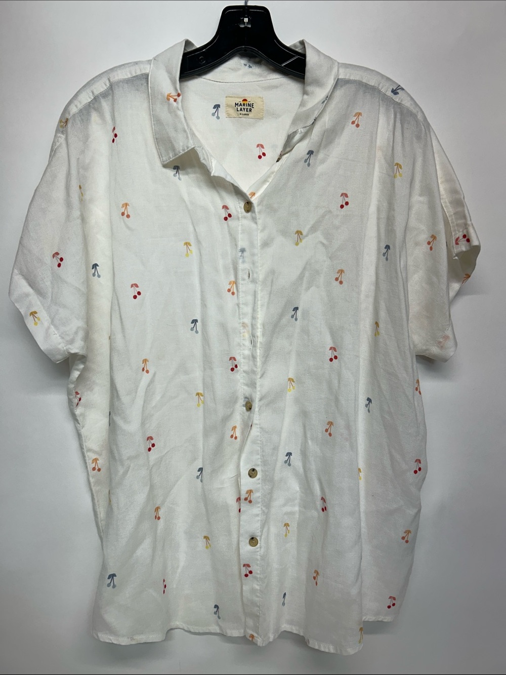Marine Layer White Short-Sleeve Button-Down Shirt Red, Yellow & Blue Print xl